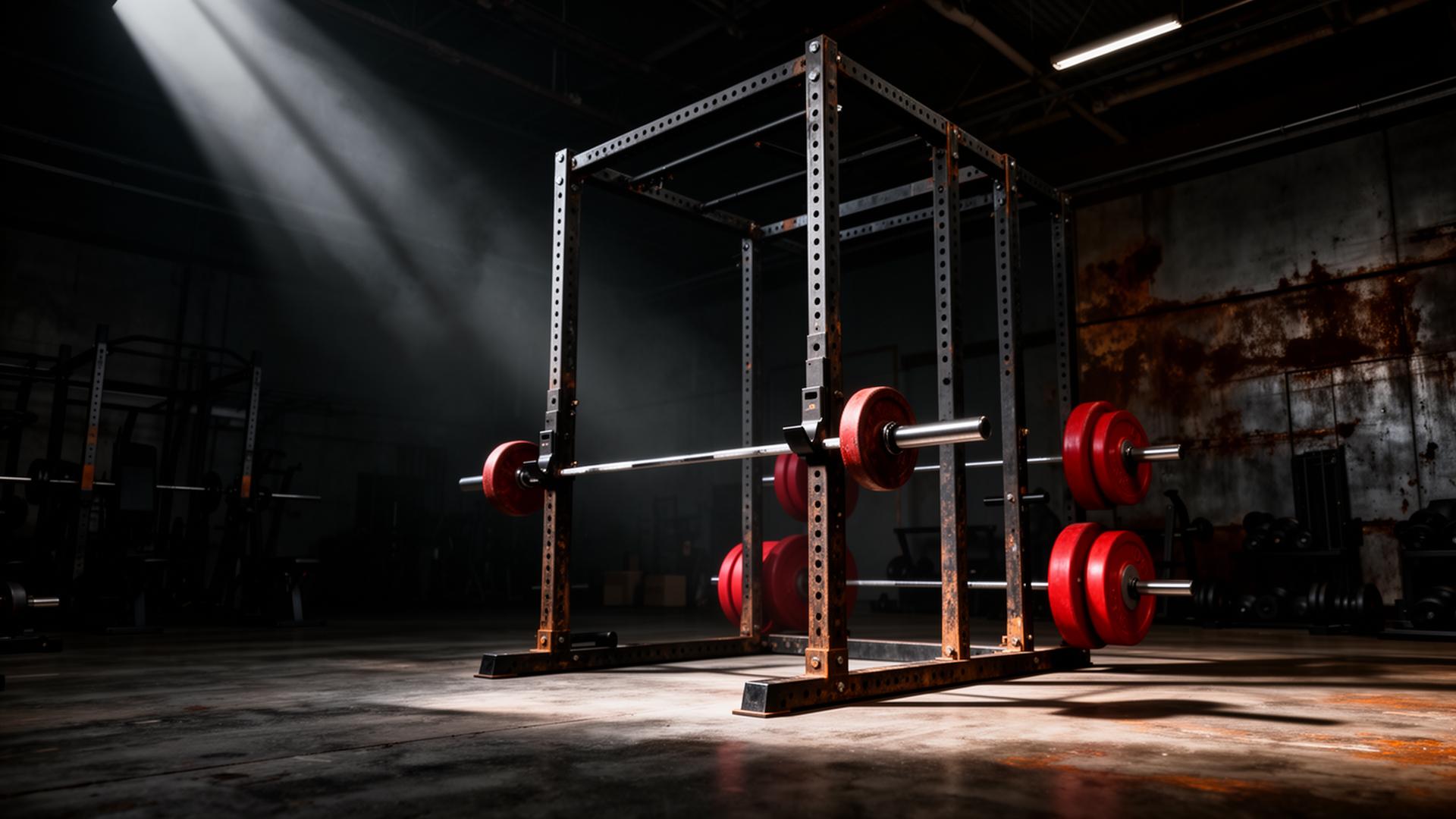 Refurbished commercial-grade power rack with red bumper plates in a moody warehouse